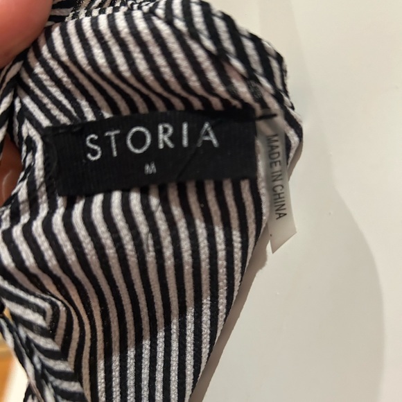 One piece jumpsuit. Black and white pinstrip.  Adjustable straps. - Picture 4 of 4